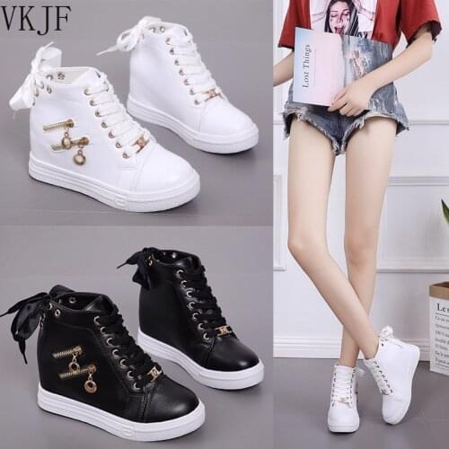 Women Wedge Platform Rubber Brogue Leather Lace Up High Heel Shoes Pointed Toe Increasing Creepers White Sneakers Zipper
