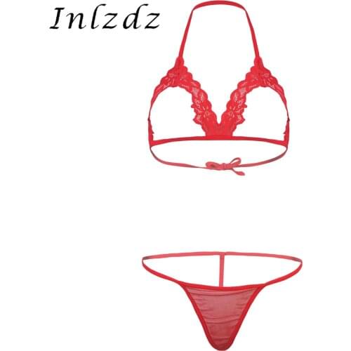 Womens Floral Lace Erotic Lingerie Suit Hollow Out Lace-up Open Cup Bra with Mesh T-Back Briefs Two-Piece Underwear Sleepwear