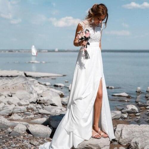 Beach Boho Wedding Dress Sexy Side Split Lace Sleeveless Bridal Gowns Cheap Country White/Ivory Vestido De Novia Sweep Train