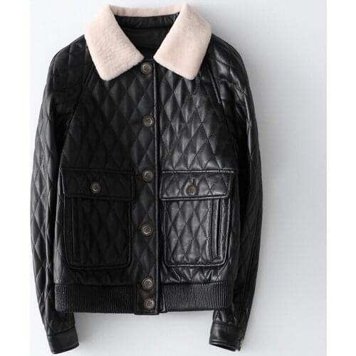 Autumn Winter Chic women sheepskin Real leather jackets Wool collar genuine leather pockets coat for women C233