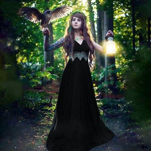 2021 New Punk Gothic Women Summer Black Sexy Deep V Neck Dress Party Club Wear Dark Halter High Waist Split Dresses Elegant