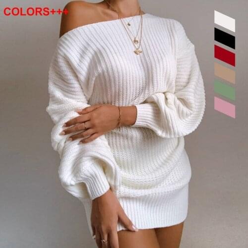 Womens Autumn and Winter Dress Casual Strapless Lantern Sleeve Knitted Sweater Dress