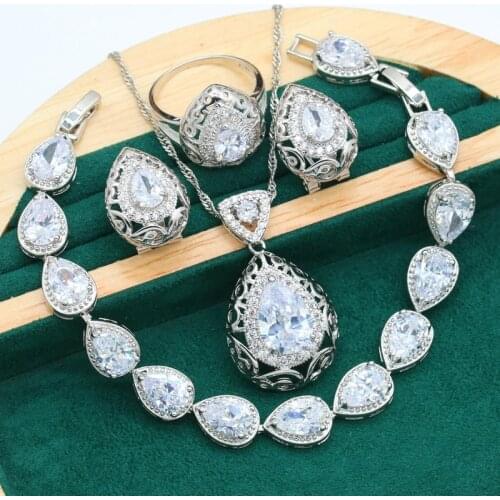 2021 New Arrival Silver Color Jewelry Set for Women Wedding White Zircon Dubai Bracelet Earrings Necklace Ring Christmas Gift