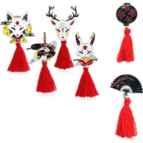 2021 Vintage Animal Alloy Tassel Brooch Japanese Ninja Rabbit Fire Fox Snake Kendo Sika Deer Enamel Pin Badge Friends Gifts