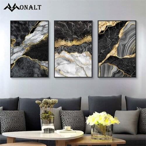 Abstract Art Print Black White Canvas Painting Marble Mosaic with Golden Veins Posters Prints Wall Picture for Living Room Decor