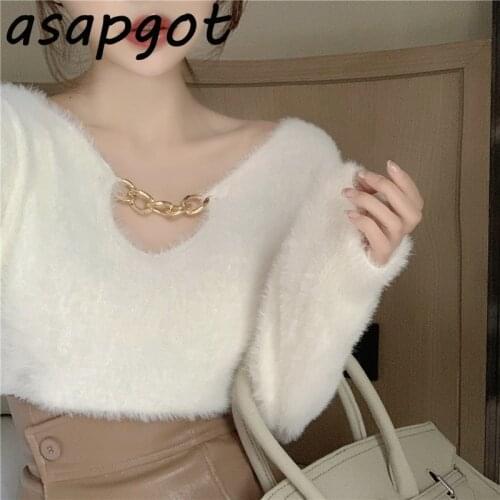 Asapgot Korea Chic Temperament Chain White V-neck Knit Long Sleeve Top Autumn Fashion Short Pullover T-shirts Black Loose Wild