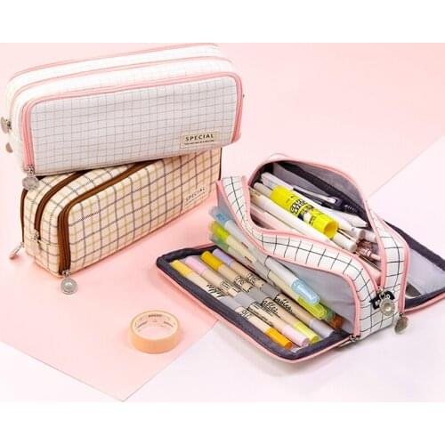 Angoo Dual Side Open Pen Case Pencil Bag 3 Compartments Color Grid Dots Pocket Storage Pouch for Rules Stationery School F899