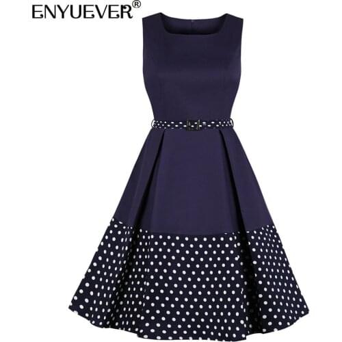 Enyuever Navy Blue Polka Dot Dress Women Summer Casual Clothes Cotton Sleeveless Belt Patchwork Robe Pin Up Swing Vintage Dress