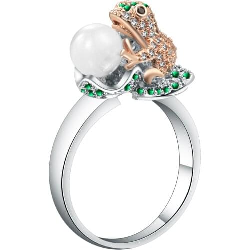 Hainon Engagement Silver Color Rings Jewelry Promotion Fashion Crystal Faux Pearl Frog Design Finger Rings For Women