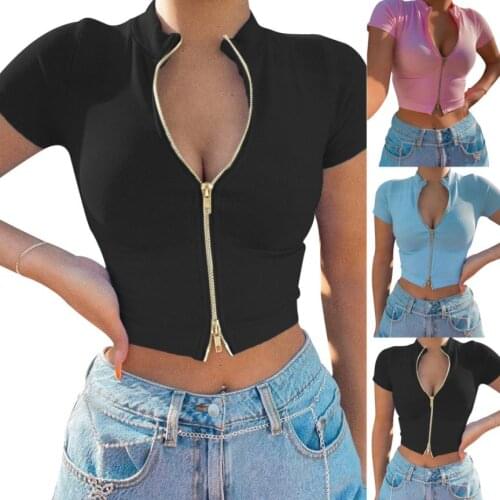 Hirigin 2021 Vrouwen Rib Knit Crop Tops Korte Mouwen Mock Hals Zip Up Effen Kleur Slim Fit T-shirts Zomer sexy Tops T-shirts