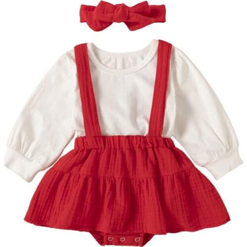 New Born 2021 Girls 3pcs Clothes Set Solid Color Pullover Suspender Dress Bow Knot Headdress Babys Clothing Sets
