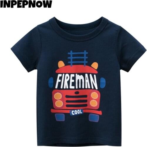 2-8 YFIREMAN Boys and Girls Summer Short Sleeve Clothes Top Tees 2021 Spring Summer Car Printed Kids Shirts Child Baby DX011