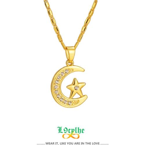 Muslim Crescent Pendant Necklace Gold Silver Color Cubic Zirconia CZ Islam Moon Star Choker Necklaces Women Jewelry Ramadan Gift