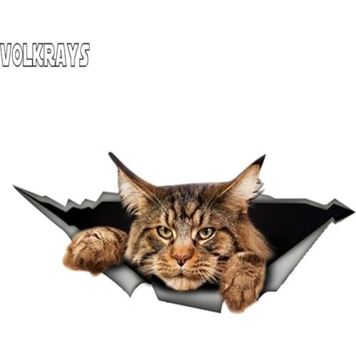 Volkrays Maine Coon Animal Car Sticker Torn Metal Decal Reflective Waterproof Stickers 3D Funny Big Cat Decals PVC,13cm*6cm