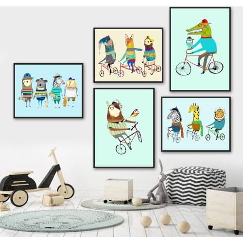 Zebra Elephant Croco Fox Tiger Deer Bird Bike Wall Art Canvas Painting Nordic Posters And Prints Wall Pictures Kids Room Decor