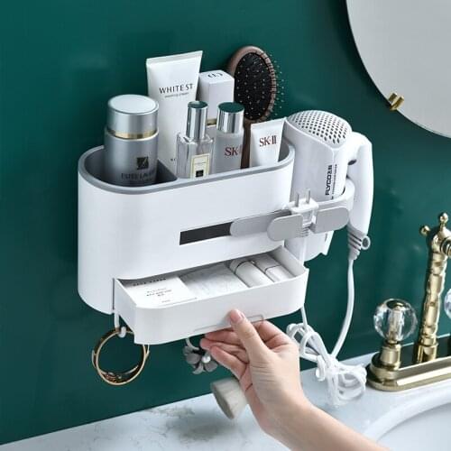 Wall Mounted Hair Dryer Hanger Shelf Bathroom Storage Shelves Wall Cosmetics Organizer