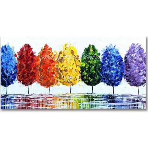 Mintura Wall Pictures for Living Room Trees of Seven Colors Hand Painted Acrylic Canvas Art Oil Paintings Hotel Decor No Framed