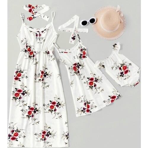 Mom and Daughter Matching Clothes Floral Print Family Clothing Matching Dresses for Mother Daughter Baby Bodysuit Family Look