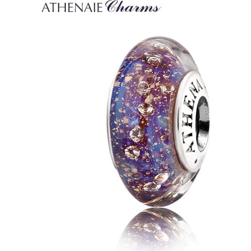ATHENAIE Authentic 925 Sterling Silver Purple&Blue Bead ClearCZ Murano Glass Beads Fit Original Charm Bracelet Christmas Jewelry