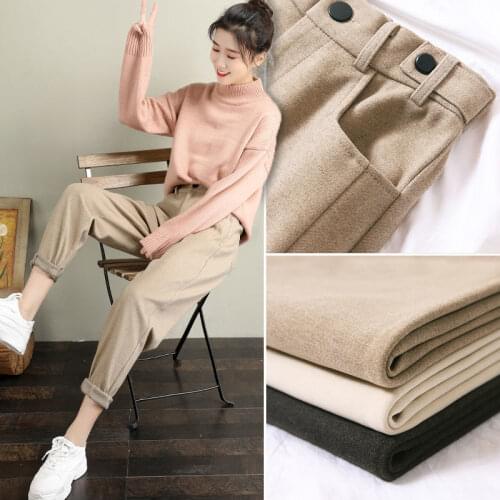 2021 Autumn Winter Women Woolen Harem Pants Female Solid Button High Waisted Casual Pants Lady Thick Warm Office Trousers K492