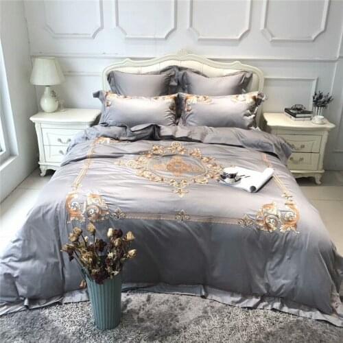 Egyptian Cotton Purple Grey Luxury Bedding Sets Silk Soft Bedclothes Queen King Size Embroidery Duvet Cover Bed sheet set 4pcs