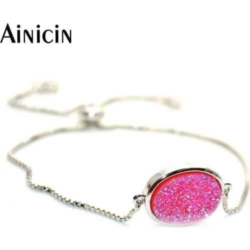 Rose Red Color Natural Druzy Quartz Crystal Drusy Sliding Clasp Bracelets Fashion Adjustable Boxed Chain Bangle For Women