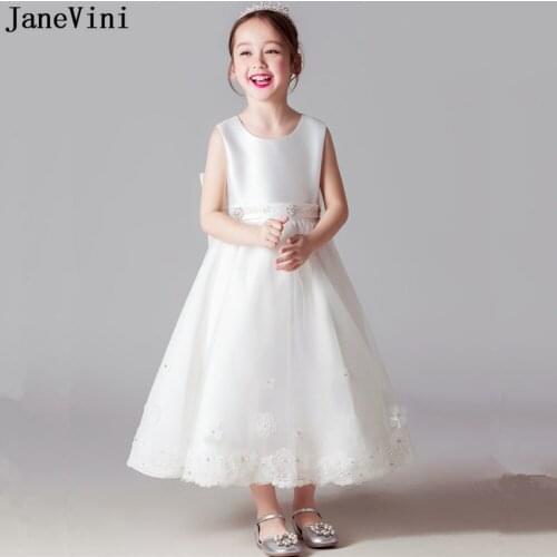 JaneVini Ivory Tulle Flower Girls Dresses for Wedding A Line Appliques Beads Bow Girl Party Communion Dress Robe Ceremonie Fille