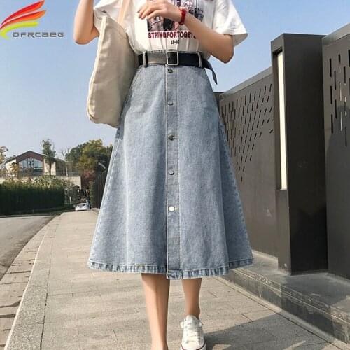 New 2021 Spring Summer Long Denim Skirt Pockets Buttons Up High Waist Jeans A Line Skirt With Belt Blue Black Maxi jupe en jean