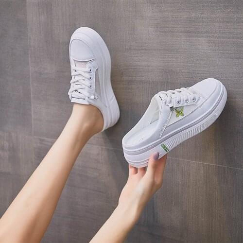 Womens Shoes 2021 Summer Breathable Casual Half Slippers Ladies Butterfly Comfort White Shoes Women Lace Up Platform Sneakers