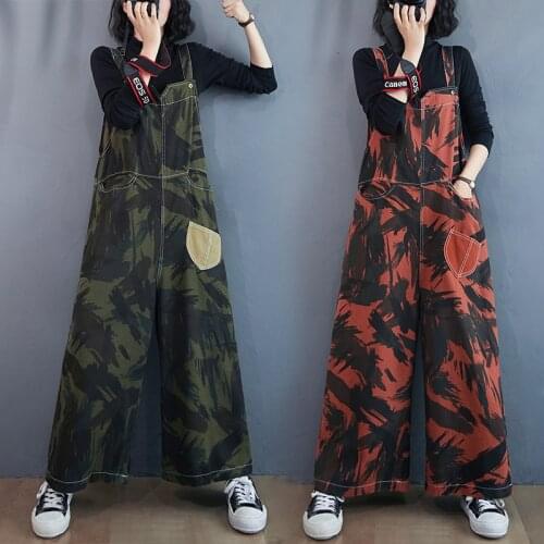 2021 Spring New Fashion Army Green Camouflage Jumpsuits Korean Style Wide Leg Pants Overalls Women Cowboy Strap Pockets Rompers