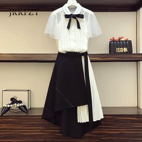 Plus Size Womens 3 piece set M-4XL Summer 2021 Bowknot Short-Sleeved White Blouses + White vest + Skirt Thin Three-Piece Suit