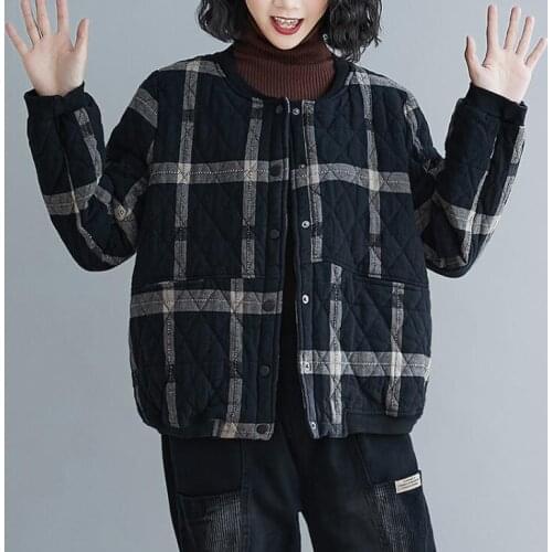 Women Big Size Loose Plaid Long Sleeve Thick Warm Cotton-Padded Cardigan Black 2021 Winter Autumn Warm Women Coat