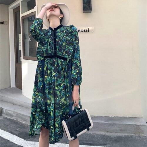 New French Dress Women 2021 Temperament Long Floral Print Long Sleeve Dresses Vestidos