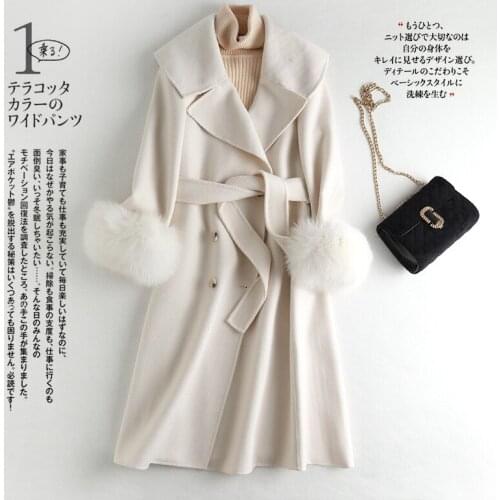 Winter New Ladies Wool Coat With Genuine Fox Fur Collar and Cuffs Long hickening Jacket Camel Outerwear Womens Streetwear