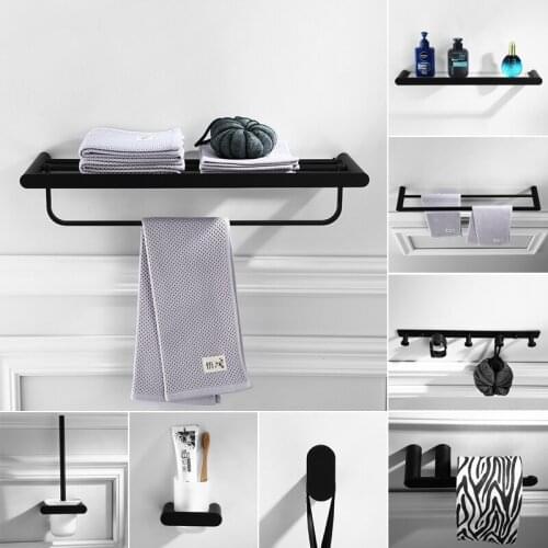 Bathroom Hardware Accessories Black Matte Glass Shelf Toilet Brush Holder Robe Hook Stainless Steel Home Storage Rack Set