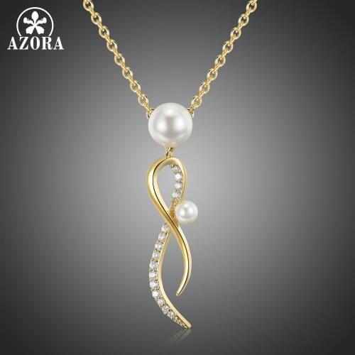 AZORA Clear Cubic Zirconia Pearl Necklace & Pendants Women Jewelry Accessories Chain Valentines Day Gift colgantes mujer TN0274