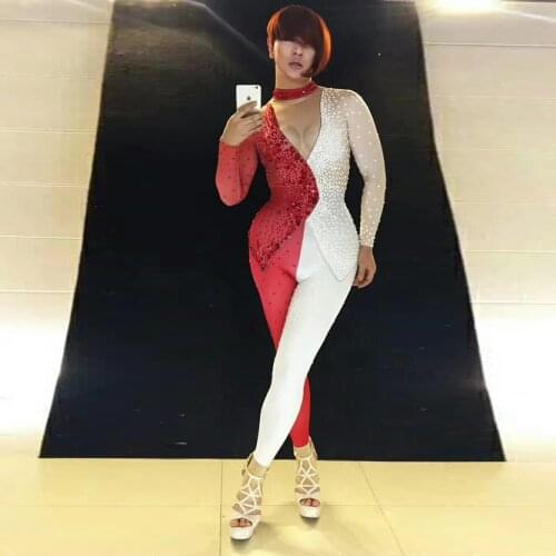 White Red Splice Suits Pattern Rhinestone Jumpsuit Women Singer Stage Outfit Bodysuit One-piece Costume Glisten Stretch Rompers