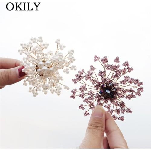 Beautiful Handmade Pink Crystal Silver Color Flower Brooches for Women Wedding Bridal Party Bouquet Imitation Pearl Broochpins