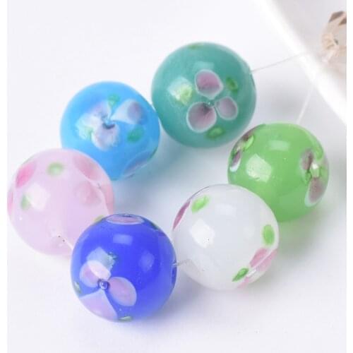 12mm Round Shape Flower Patterns Handmade Lampwork Glass Loose Beads for DIY Crafts Jewelry Making Findings