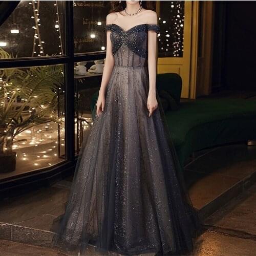 Black Tulle Evening Dresses Off the Shoulder Shiny Beading A-line Lace Up Vintage Simple Formal Wedding Banquet Guest Prom Gowns