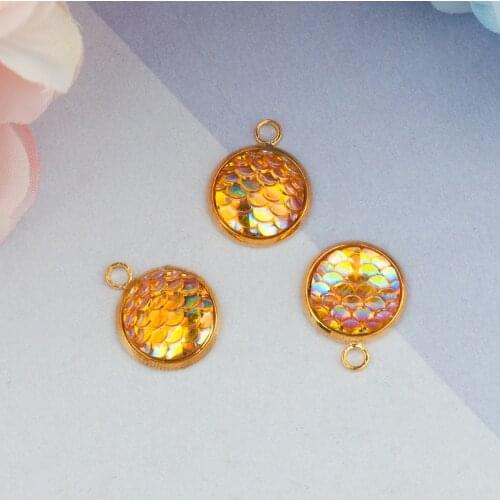 DoreenBeads Copper & Resin Mermaid Fish/ Dragon Scale Charms Round Gold Orange AB Color Pendant 18mm( 6/8") x 14mm, 10 PCs