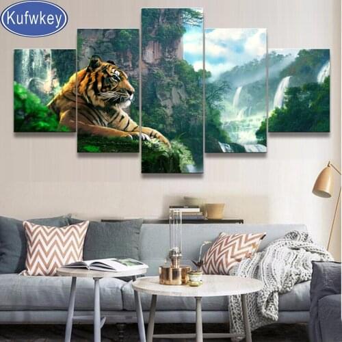Diy Daimond Painting 5 Panel Tiger And Mountain Waterfall Home Decoration Pictures 5D Full Square/ Round diamond mosaic
