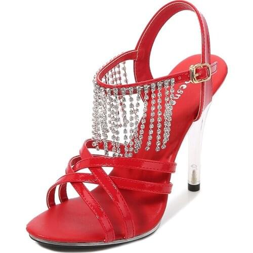 Patent Leather Cross Strap Crystal Sandals Sexy Nightclub Heel High Shoes Platform Rhinestone Fish Mouth Women Sandals LFD