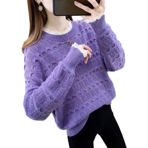 Fashion Knitted Sweater Hollow Out Pullover Women 2021 Spring Autumn Lace O-Neck Long Sleeve Pull Femme Casual Ladies Tops H1454
