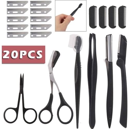 20pcs/set Eyebrow Grooming Trimmer Kit Scissors Tweezers Brow Trimming Tool Eye Brow Shaping Knife Razor Make Up Tool