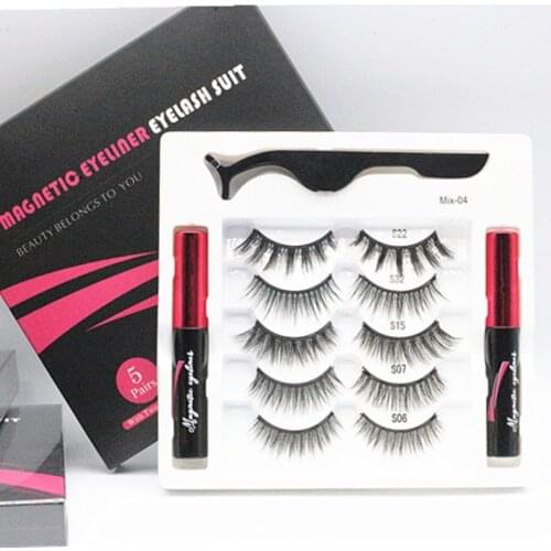 5 Pairs 3D Magnetic Eyelashes Makeup Sets With 2 Waterproof Eyeliner 1 Tweezers Natural Soft 5 Magnets Magnetic Eyelashes