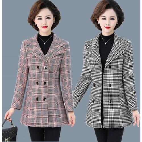 Middle-Aged Elderly Mothers Trench Coat High Quality Double-Breasted Plaid Spring Autumn Coat Fashion Womens Outerwear Tops