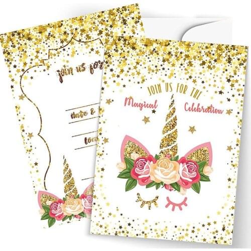 Wedding Birthday Party Invitations Cards Cartoon Unicorn Pattern Creative Sequins Blessing Papercard Christmas Paperboard Cards