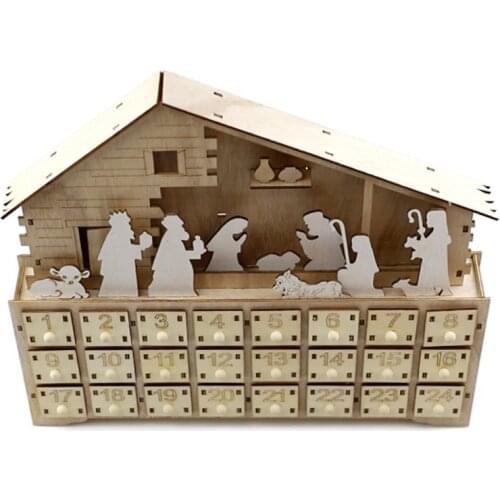 Nativity Scene Wooden Advent Calendar LED Lighted Christmas Countdown Drawer Box