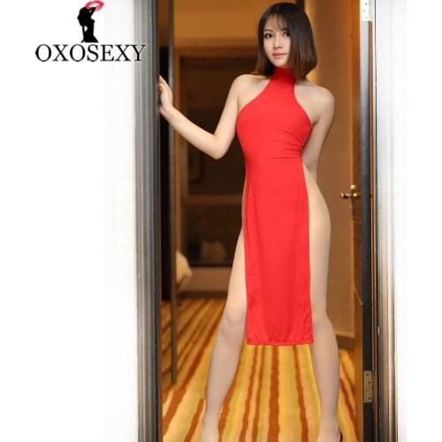 Smooth Black Red High Baby Doll Sexy Lingerie For Women Dress With Metal Ring Halter Open Crotch Erotic Lingerie Lenceria 068